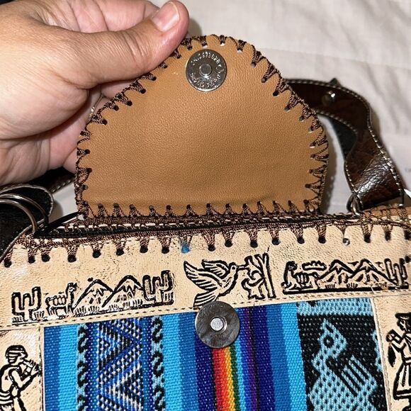 Peruvian Genuine Tooled Graphic Leather Stripe Mini Crossbody Bag - Picture 8 of 12